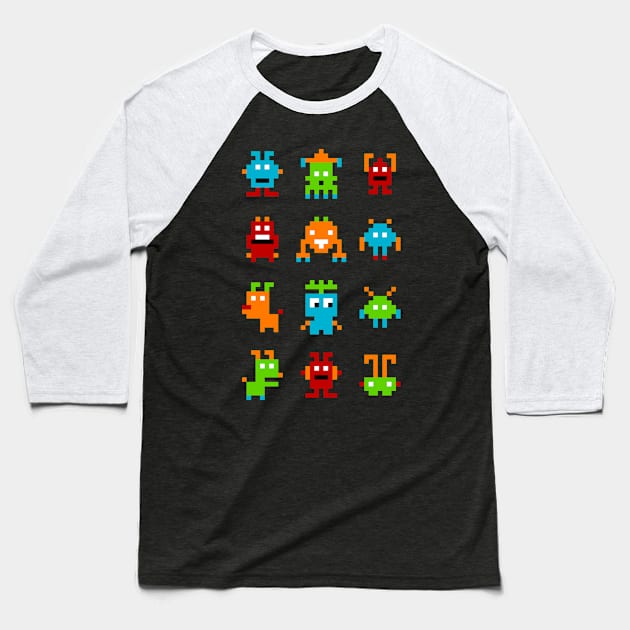 Funny Pixel Monster Creatures Baseball T-Shirt by MadeByBono